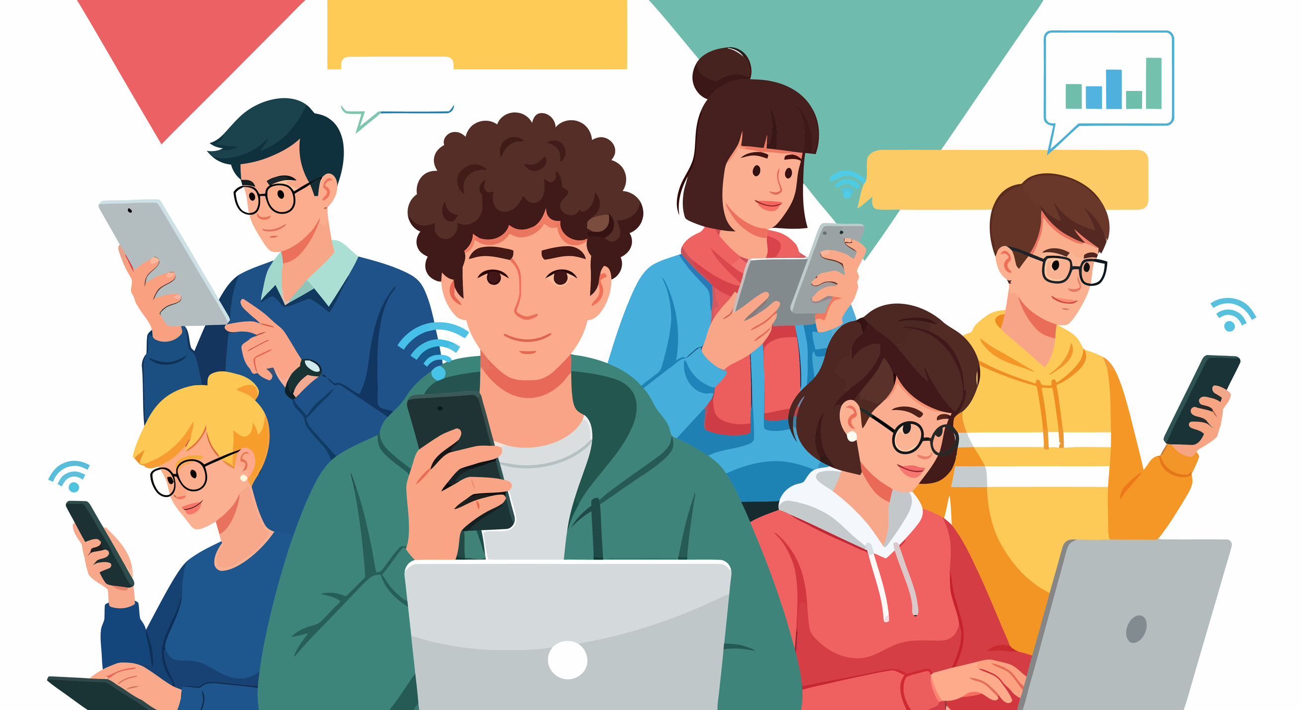 Diverse group of young adults using various devices with WiFi connection.
